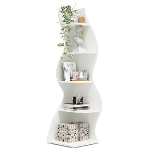 Tribesigns Corner Shelf, Modern 5-Tier Wall Corner Bookshelf, Stylish Corner Small Bookcase Storage Rack Plant Stand with Unique Shape for Living Room, Home Office, (1PC, White) - White - 1PC