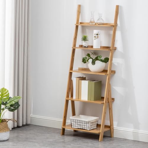 Maydear Bamboo Ladder Shelf Bookcase, 5-Tier Leaning Bookshelf Free Standing Organizer Storage Shelves for Living Room, Bedroom, Kitchen, Home Office, Balcony, Natural Wood Color - Wood Color - 5 Tier