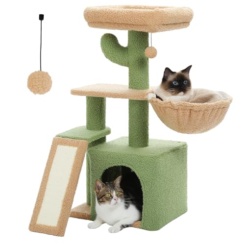 PETEPELA Cactus Cat Tree for Indoor Cats, 31.5'' Small Cat Tower Cat Condo with Sisal Scratching Ramp, Cozy Hammock and Removable Top Bed Perch for Kittens, Green - Scratching Tree - Green