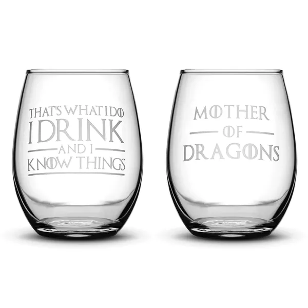 Integrity Bottles Premium Wine Glasses, Set of 2, Thats What I Do I Drink and I Know Things, Mother of Dragons, Hand Etched 14.2oz Stemless Gifts, Made in USA, Sand Carved