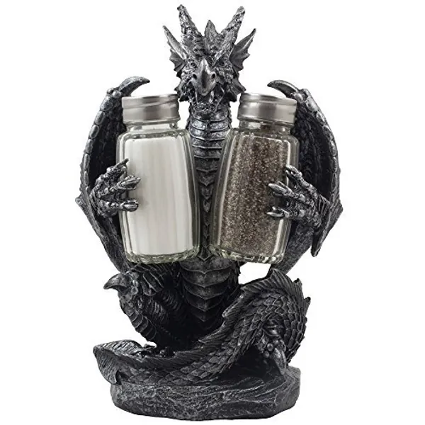 Mythical Dragon Salt and Pepper Shaker Set with Holder Figurine for Medieval & Fantasy Bar or Kitchen Table Decor Sculptures and Gothic Gifts by Home-n-Gifts