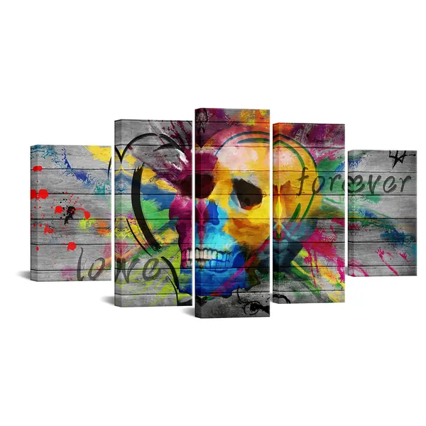 sechars 5 Piece Large Wall Art Abstract Colorful Skull Painting Poster Pop Graffiti Skull Love Art Prints for Living Room Pub Bar Wall Decor Gift for Man Overall Size 60"x32"
