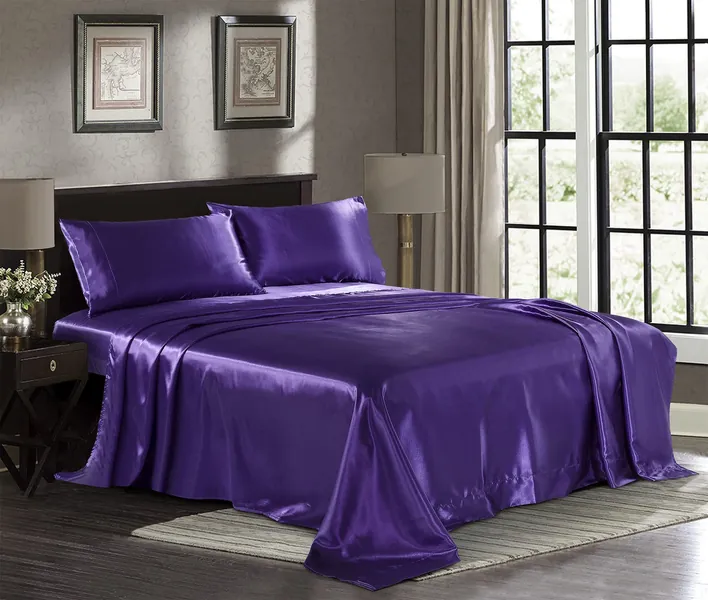 Satin Sheets Queen [4-Piece, Purple] Hotel Luxury Silky Bed Sheets - Extra Soft 1800 Microfiber Sheet Set, Wrinkle, Fade, Stain Resistant - Deep Pocket Fitted Sheet, Flat Sheet, Pillow Cases