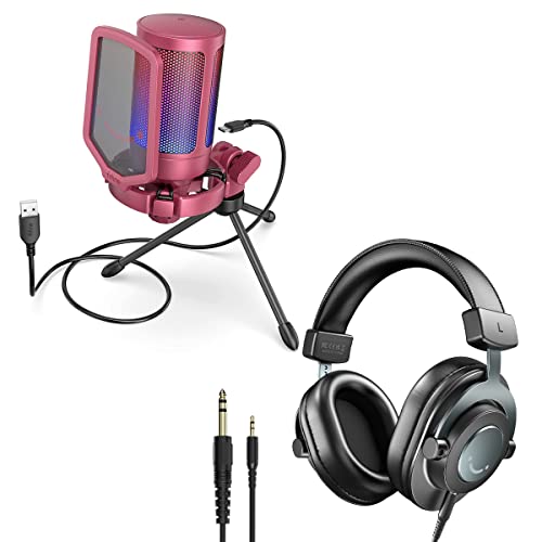 FIFINE Gaming Streaming Microphone 3.5mm/6.35mm Monitoring Headphones, Podcasts Bundles, USB RGB Condenser Mic with Pop Filter, Shock Mount, Studio Over-Ear Wired Headphones-Red (A6R+H8)
