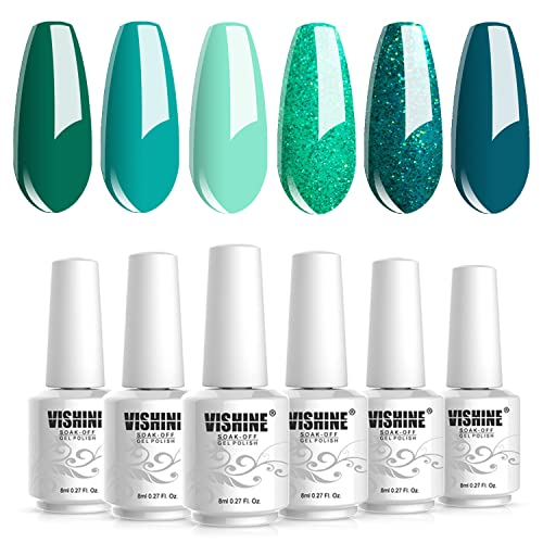 Vishine Gel Polish Set Green Teal Blue Glitter Colors 6pcs Soak Off UV LED Gel Nail Manicure Kit 8ML - C005