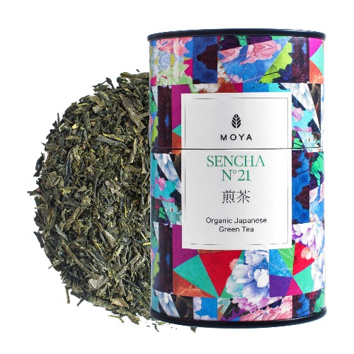 Moya Sencha Ekologiskt Japanskt Grönt Te Lösa Blad NO. 21 | 60g | Te från Japan | Vänligt för Veganer och Vegetarianer | Förpackat i en Flerfärgad Kartongburk | Perfekt för en Present - 60g
