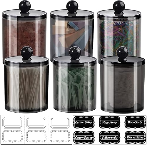 6 Pack Qtip Dispenser Apothecary Jars Bathroom with Labels - Qtip Holder Storage Canister Clear Plastic Acrylic Jar for Cotton Ball,Cotton Swab,Cotton Rounds,Floss Picks, Hair Clips (Black) - Black - 6 Pack