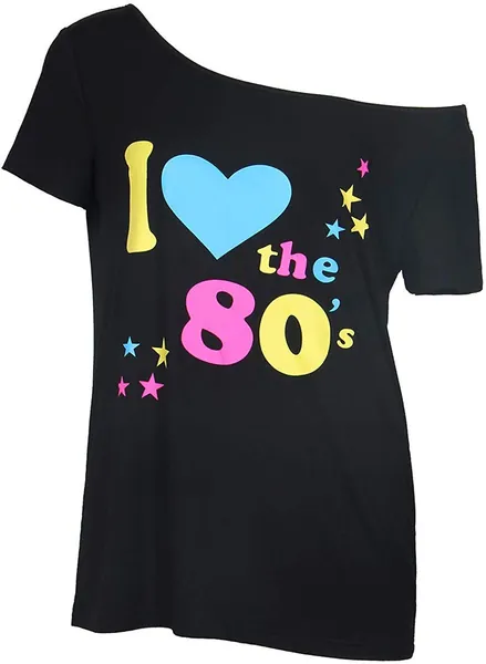 Smile Fish Women's I Love The 80's Off The Shoulder Tops Disco 80s Costumes T Shirts - 007black-7 Medium