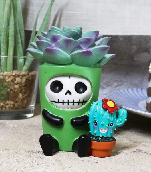Ebros Gift Furrybones Echy Botany The Succulent Plant Pot with Flowering Cactus Sidekick Skeleton Figurine 3.25" Tall Furry Bones Sculpture Skull Skeletons Macabre Accent Collectible - 