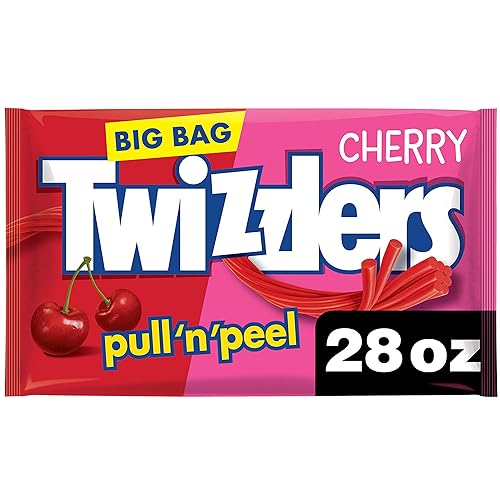 TWIZZLERS PULL 'N' PEEL Cherry Flavored Licorice Style, Low Fat Candy Big Bag, 28 oz, Pack of 1 - Cherry - 28 Ounce (Pack of 1)