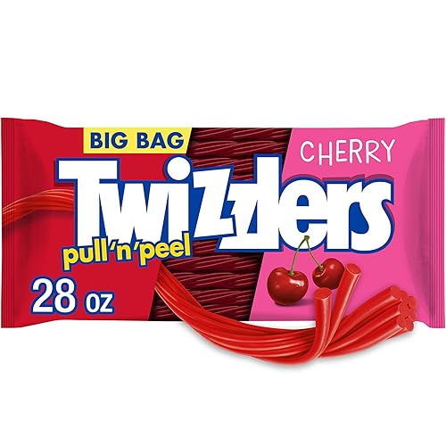 TWIZZLERS PULL 'N' PEEL Cherry Flavored Licorice Style, Low Fat Candy Big Bag, 28 oz, Pack of 1 - Cherry - 28 Ounce (Pack of 1)