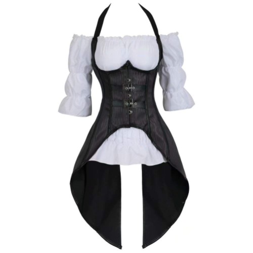 Pirate Costume Adult Renaissance Vest Underbust Corset Long Top White Blouse Halter Neck 2 Piece Outfits for Women Gothic