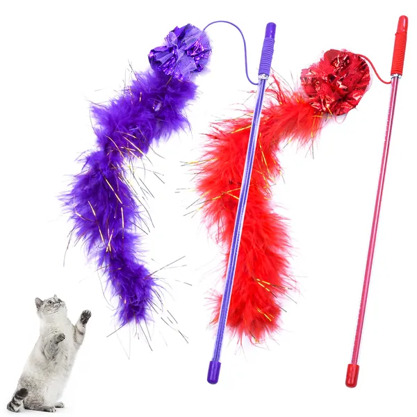 2 Pieces Feather Toys for Cats,Funny Cat Stick Cat Toys,Interactive Cat Feather Toys for Indoor and outdoor,Cat Feather Wand Stick with Sound Paper for Kitten Improves Intelligence and Responsiveness