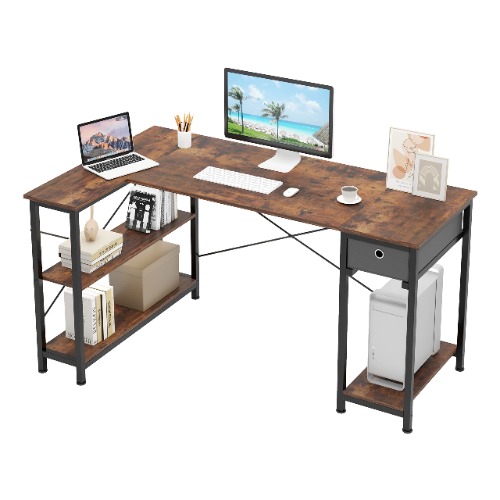 Mexin L Shaped Computer Desk, 56.7 Inch L-Shaped Corner Desk with Reversible Storage Shelves & Drawer, Writing Working Desk for Home Office (Rustic Brown) - Rustic Brown 56.7''