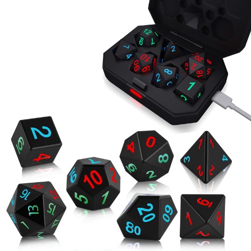 Light Up Dice with Charging Box, Rechargeable Electronic Dice, 7 Pcs Glowing Dice Set for Dungeon and Dragons, Luminous DND Dice, Role Playing Table Games, RPG Polyhedral Dice Set - Colorful Light