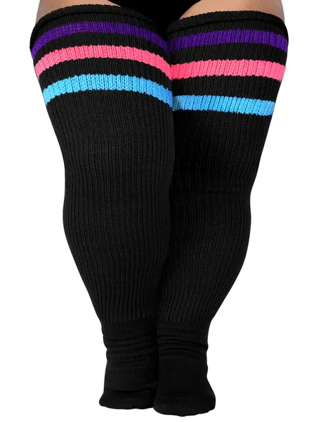 LOUSGUTA Plus Size Thigh High Socks for Thick Thighs- Extra Long Womens Cable Knitted Over Knee High Leg Warmer - Black - Rainbow Striped