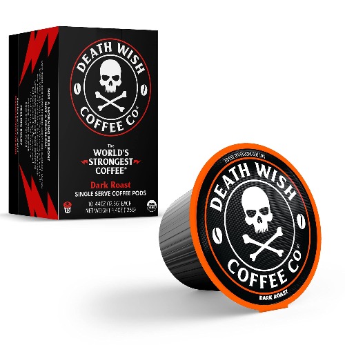 Death Wish Coffee Single Serve Pods - Extra Kick of Caffeine - Dark Roast Coffee Pods - Made with USDA Certified Organic, Fair Trade, Arabica and Robusta Beans (10 Count) - Dark Roast 10 Count