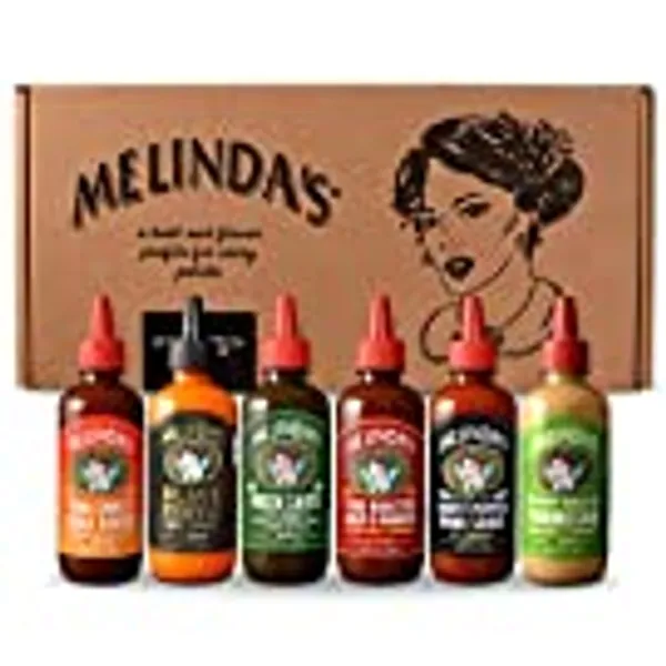 Melinda’s - A Taste of Melinda’s Collection – Craft Pepper Sauce and Condiment Gift Set - Includes Black Truffle, Thai Sweet Chili, Roasted Garlic & Habanero, Ghost Pepper, Spicy Garlic Parmesan- 12 oz, 6 Pack
