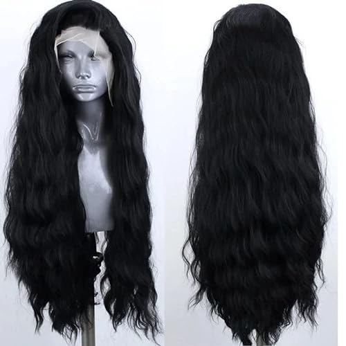 WXHWCX Long Black Middle Part Wavy Wig For Women Heat Resistant Fiber Hair Synthetic Lace Front Wigs Daily Party Use Wigs - #1B curly