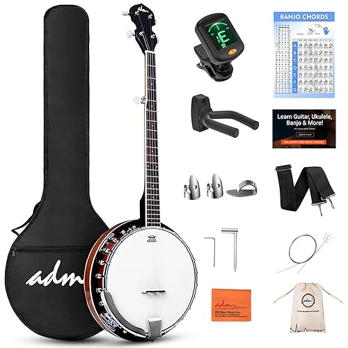 ADM Banjo 5 String Full Size Banjoes Set, 38 Inch Beginner Banjo Kit with Resonator, Remo Drum Head, Open or Closed Back, Gift Package Free Lessons Starter Accessories for Adults Teenager, Brown - Brown - 38 Inch