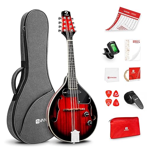 Mandolin A Style Acoustic Electric Mandolins Instrument Vintage Red Sunburst Mahogany Wood for Beginner Adults, by Vangoa - Black-Acoustic Electric
