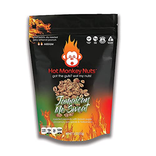 Hot Monkey Nuts Spicy Artisanal Peanuts | Jamaican Me Sweat - Flavored with Cinnamon, Brown Sugar, Jerk Spices and Habanero, 7.5oz Resealable Pouch, Non-GMO, Gluten Free, Vegan - Jamaican Me Sweat