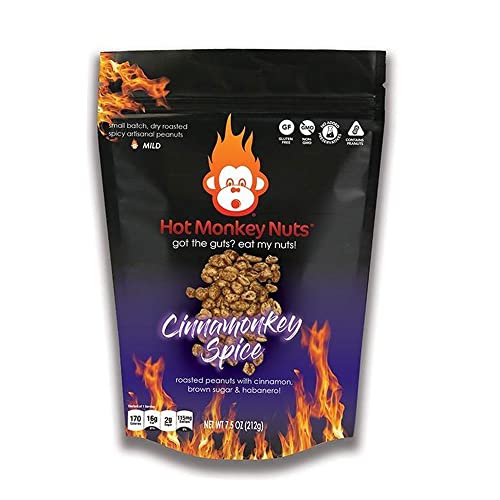 Hot Monkey Nuts Spicy Artisanal Peanuts | Cinnamonkey Spice - Flavored with Brown Sugar, Cinnamon, and Habanero, 7.5oz Resealable Pouch, Non-GMO, Gluten Free, Vegan, Hot Spicy Peanuts, (Pack of 1) - Cinnamonkey Spice