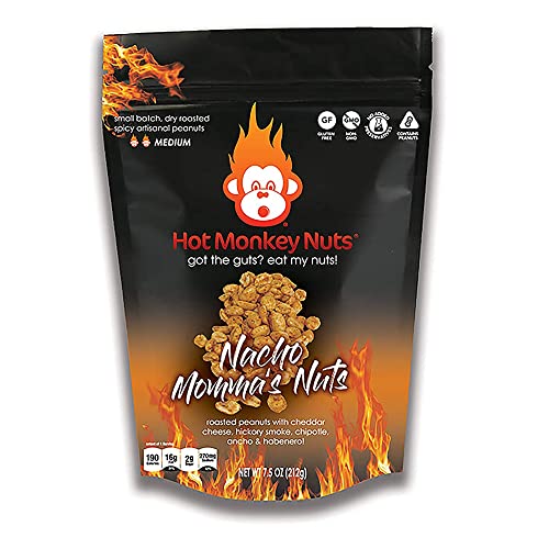 Hot Monkey Nuts Spicy Artisanal Peanuts | Nacho Momma's Nuts - Cheddar Cheese, Hickory Smoke, Habanero, Chipotle and Ancho Peppers - Nacho Momma's Nuts