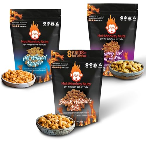 Hot Monkey Nuts Spicy Artisanal Peanuts | 3-Pack Spiciest Peanuts | Black Widow's Bite, Hot-Winged Reaper, and Curry Up! I'm on Fire - Spicy Nuts - 3 Hottest Flavors - 3-Pack Top 3 Spiciest Flavors