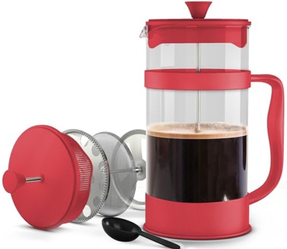 Utopia Kitchen Tea and Coffee Maker with Triple Filters, 51 Ounce French Press Espresso, Stainless Steel Plunger and Heat Resistant Borosilicate Glass - Plum - 34-oz - Red