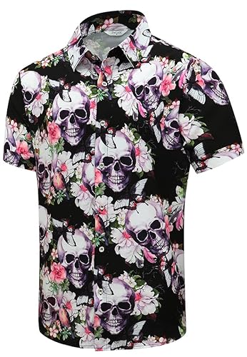 SheLucki Hawaiian Shirt for Men, Unisex Summer Beach Casual Short Sleeve Button Down Shirts, Printed Palmshadow Clothing - Skull Pink - Large