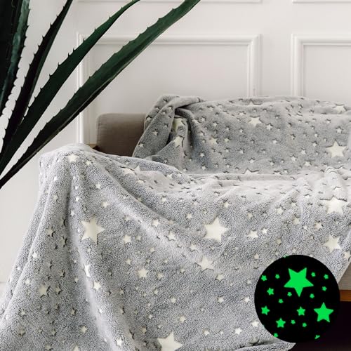 FORESTAR Glow in The Dark Star Blanket for Boys, Soft Warm Furry Throw Blanket, Christmas Birthday Gifts for Kids and Toddlers, 50"×60" Gray Star - Grey