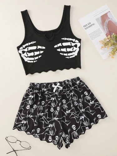 Black Goth Skeleton Print Shorts and Top - Black / XL