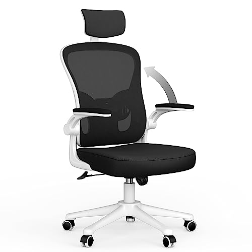 naspaluro Office Desk Chair with Flip-Up Armrest High Back Ergonomic Computer Chair with Adjustable Headrest and Lumbar Support Executive Swivel Chair for Home and Office-White - White - With Headrest