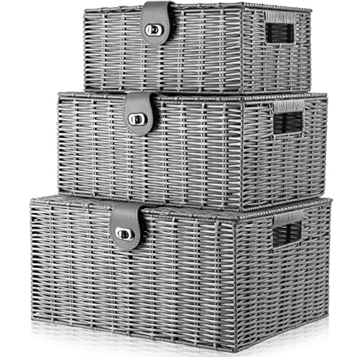ARPAN Set of 3 Resin Woven Storage Basket Box with Lid & Lock Grey, Large, Medium, Small - Grey