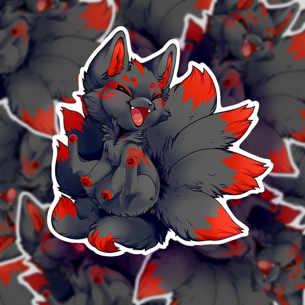 Nine tailed fox black Kitsune Japanese mythology cute cartoon satin mat vinyl 3" stickers