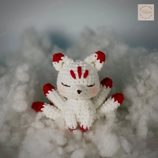 Crochet Kitsune, Crochet nine-tails fox, Amigurumi plushie, Decoration item. Finished product with wooden stand