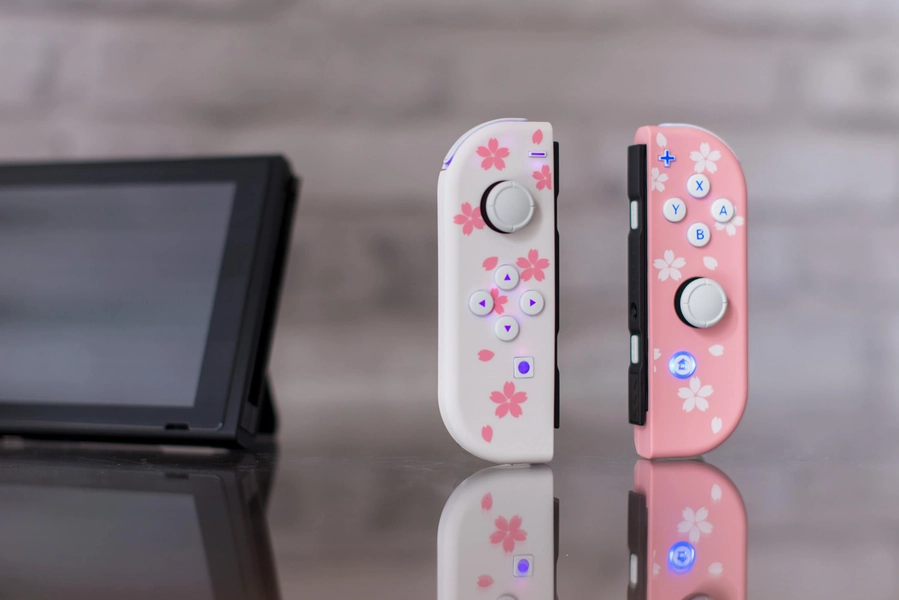Pink & White Joy-Con LED MOD Sakura Flowers With White Backlit Buttons Nintendo Switch Controllers
