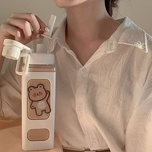 Asslye Kawaii Bear Water Bottle,700ml Square Drinking Bottle With Straw,Large Kawaii Water Bottle for Girl Cute Juice Tea Water Cups - White