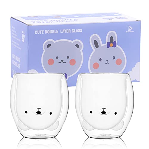 SHENDONG Cute Bear Mugs Set of 2 Cute Cups Bear Tea Coffee Cup 8.5oz Milk Cup Double Wall Insulated Glass Gift for Personal Birthday Valentine's Day and Office (2 Pack, White Bear) - White Bear Set of 2