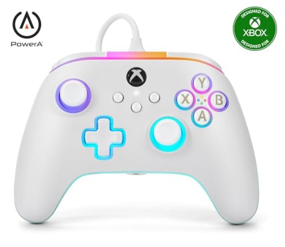 PowerA Advantage Wired Controller for Xbox Series X|S with Lumectra - White, gamepad, wired video game controller, gaming controller, works with Xbox One and Windows 10/11, Officially Licensed for Xbox - White/LED - Single