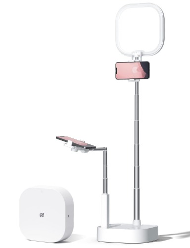 Viozon Extendable Selfie Stand, Height&Angle Adjustable, Overhead 360° Rotation with Two Phone Holders, Rechargeable Wireless Foldable 15 Brightness LED Light for Live Streaming/YouTube/Tiktok (V8)