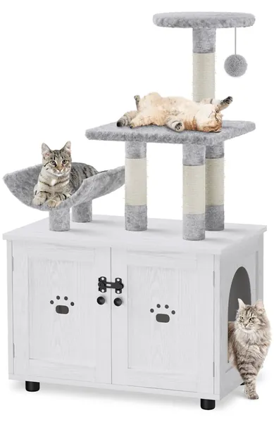 Lulive Cat Litter Box Enclosure, Hidden Cat Washroom Furniture with Cat Tree Tower, All-in-one Cat Indoor House with Platform, Scratching Post and Condo - White