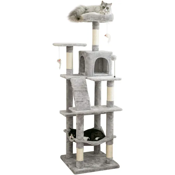 MWPO 63.8 inches Multi-Level Cat Tree for Large Cats with Sisal-Covered Scratching Posts, Padded Platform, Hammock and Condo,Stable Cat Tower Cat Condo Pet Play House - Light Gray