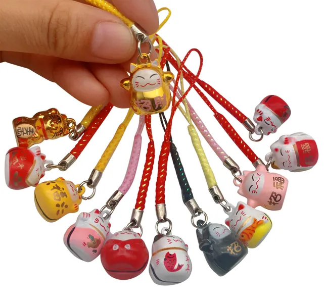 EatingBiting 12PCS Random Fortune Lucky Japanese Beckoning Cat Maneki Neko Keyring Keychain Key Rings, Fengshui Fortune Lucky Cat Kitty Key Chains Keyrings Keychain good health mascot Avoid evil