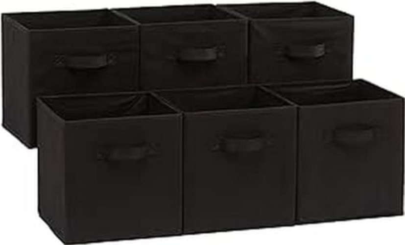 Amazon Basics Collapsible Fabric Storage Cubes Organizer with Handles, 10.5"x10.5"x11", Black - Pack of 6 - Black - 10.5"x10.5"x11"