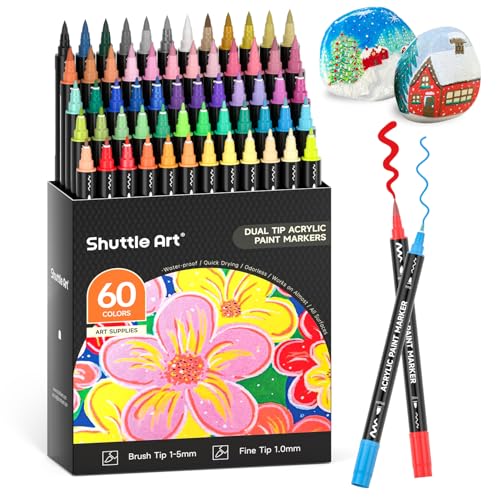 Shuttle Art 60 Colors Dual Tip Acrylic Paint Markers, Brush Tip and Fine Tip Acrylic Paint Pens for Rock Painting, Ceramic, Wood, Canvas, Plastic, Glass, Stone, Calligraphy, Card Making, DIY Crafts - 60 Colors