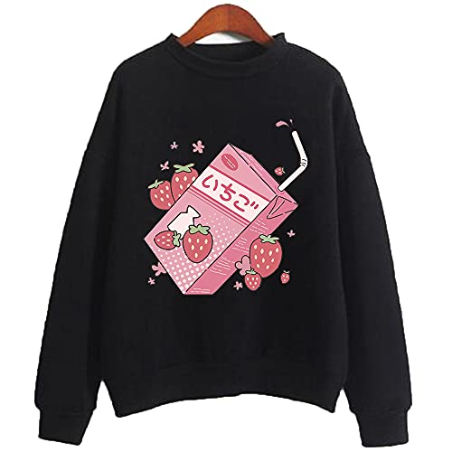 DIOMMELL Japanese Aesthetic Hoodies Strawberry Milk Cute Kawaii Sweatshirts Pullovers Tops