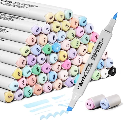 Arrtx Pastel Markers Oros 66 Colors, Oros Dual Tip(Brush & Chisel) Sketch Art Markers for Artist Adult Alcohol Markers for Sketching, Coloring, Calligraphy,Drawing,Gift Package - 66