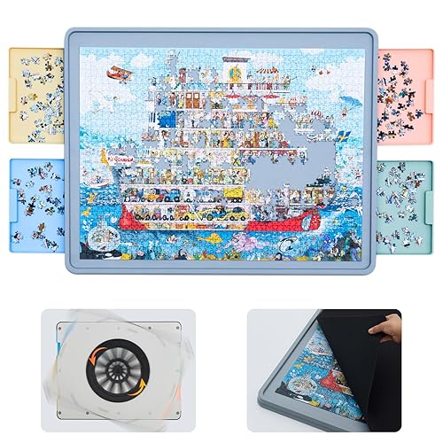 WELGEE Rotating Puzzle Board for 1500 Pieces with Drawers and Cover | Upgraded Lazy Susan Spinning Jigsaw Puzzle Organizer Table (35"x27") | Durable ABS Plastic, Ideal Gift for Mum - 1500-Piece(Multi-Color Drawers)